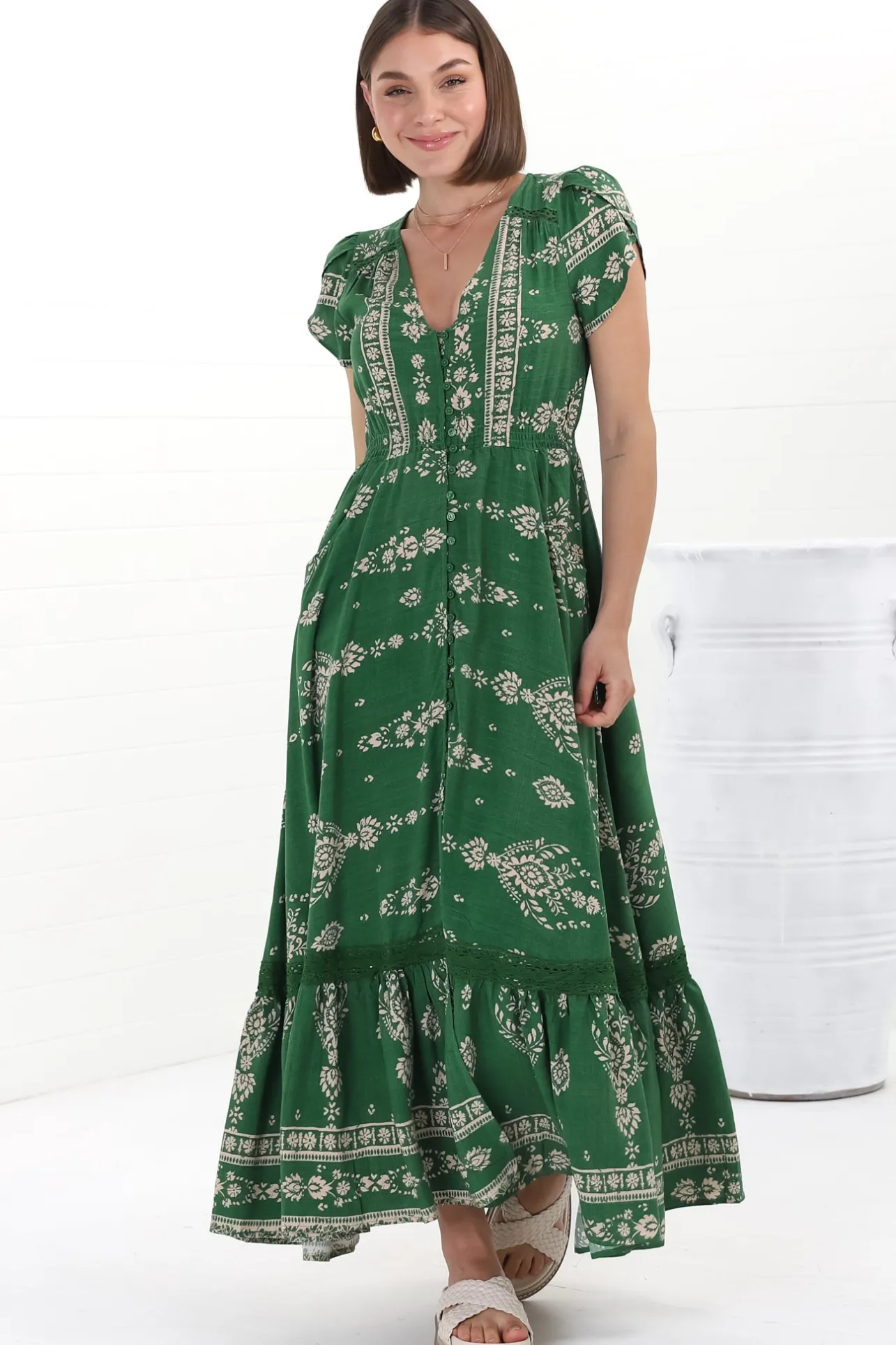 Carmen Maxi Dress - Butterfly Cap Sleeve Button Down A Line Dress with Lace Trim in Kiva>Jaase New