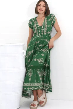 Carmen Maxi Dress - Butterfly Cap Sleeve Button Down A Line Dress with Lace Trim in Kiva><noscript><img width=