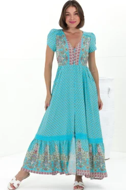 Carmen Maxi Dress - Butterfly Cap Sleeve Button Down A Line Dress with Lace Trim in Atlantis Print>Jaase New