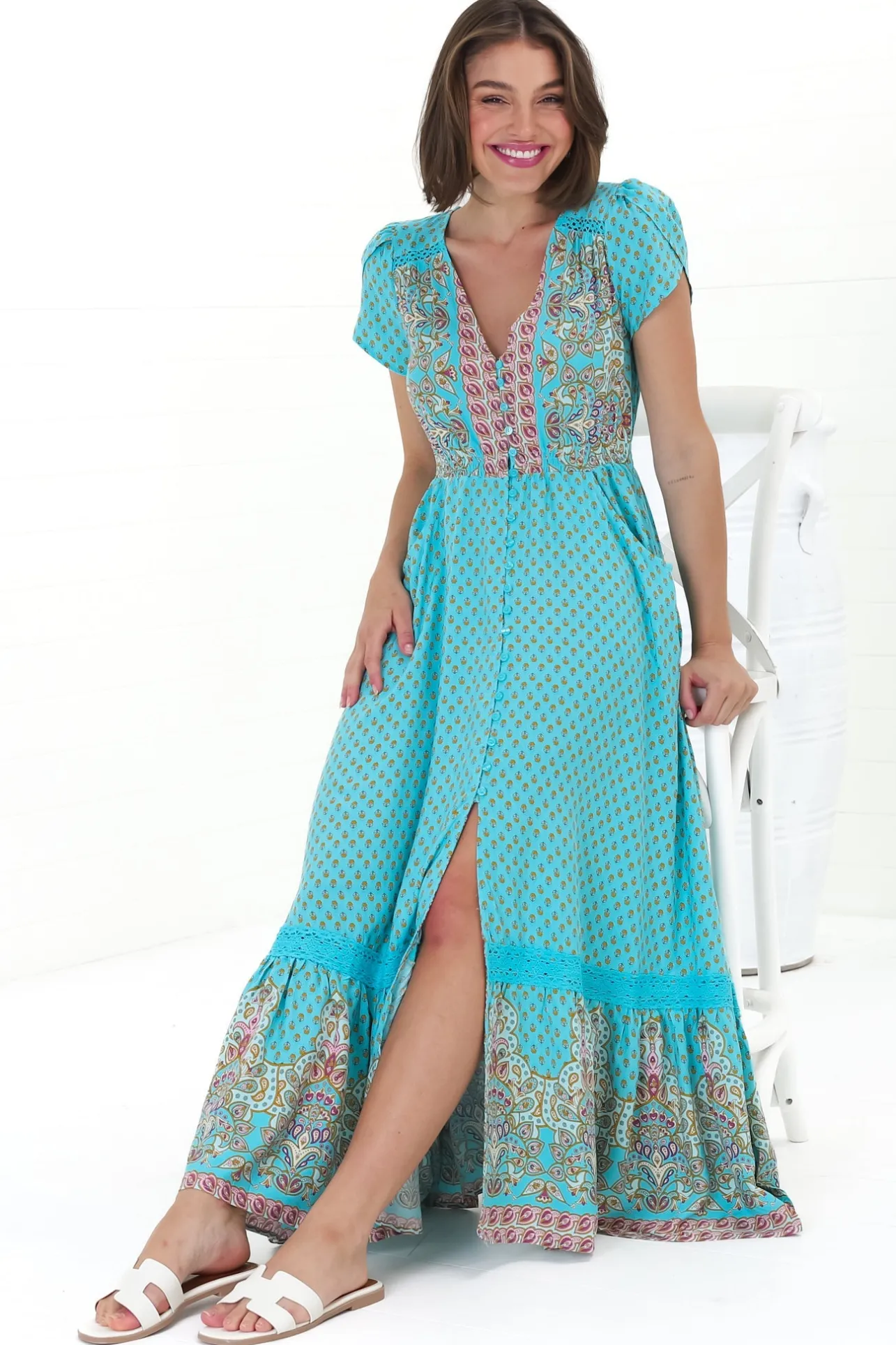 Carmen Maxi Dress - Butterfly Cap Sleeve Button Down A Line Dress with Lace Trim in Atlantis Print>Jaase New