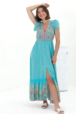 Carmen Maxi Dress - Butterfly Cap Sleeve Button Down A Line Dress with Lace Trim in Atlantis Print><noscript><img width=
