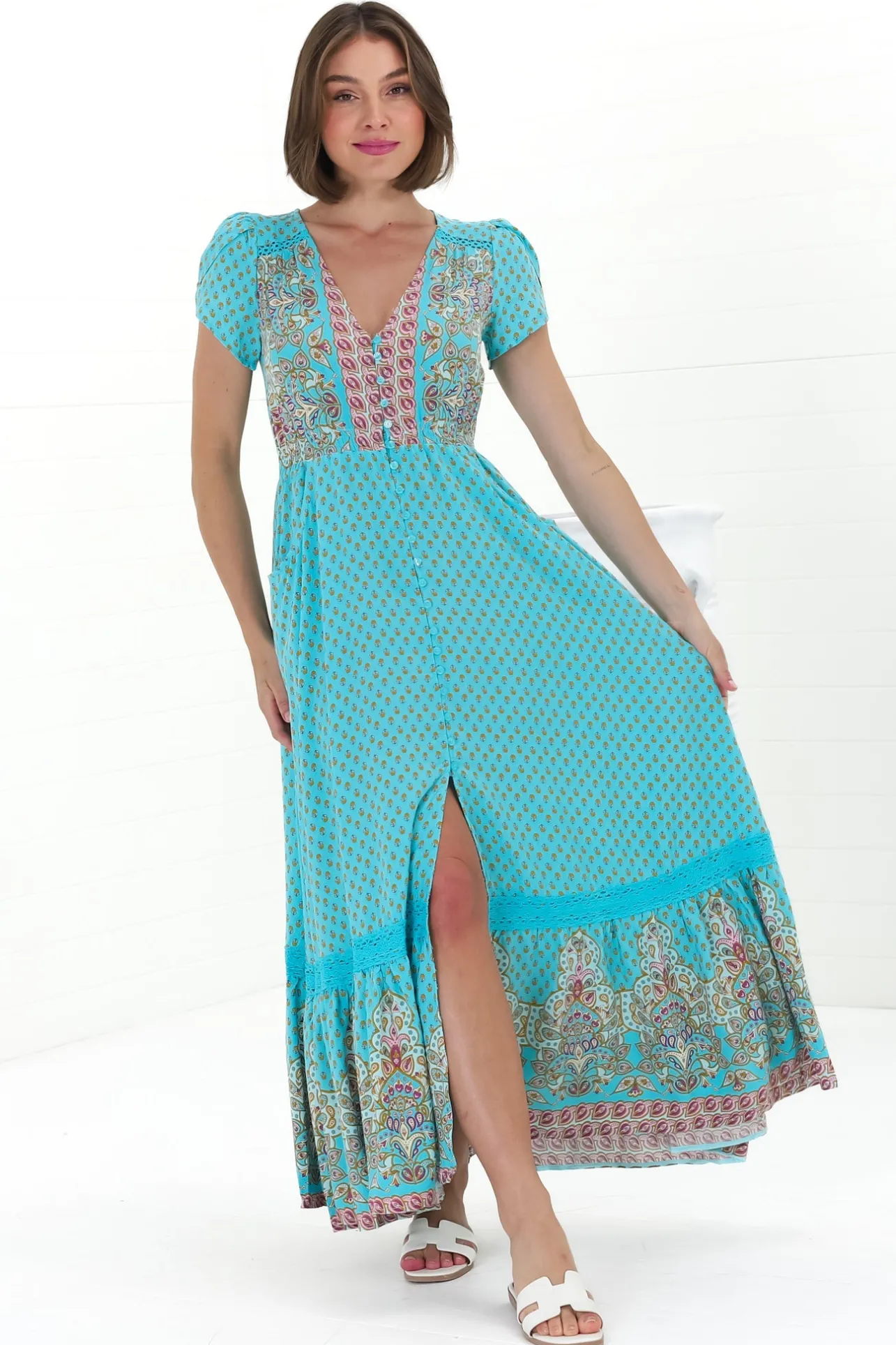 Carmen Maxi Dress - Butterfly Cap Sleeve Button Down A Line Dress with Lace Trim in Atlantis Print>Jaase New