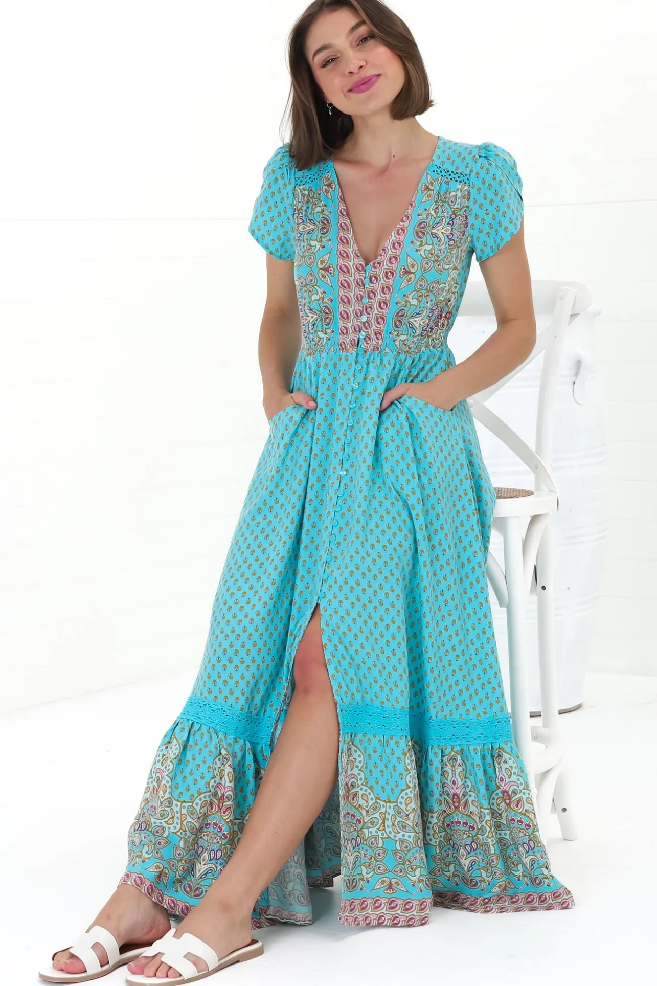 Carmen Maxi Dress - Butterfly Cap Sleeve Button Down A Line Dress with Lace Trim in Atlantis Print>Jaase New