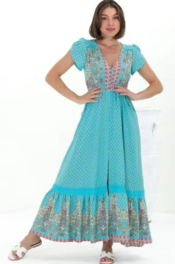 Carmen Maxi Dress - Butterfly Cap Sleeve Button Down A Line Dress with Lace Trim in Atlantis Print><noscript><img width=