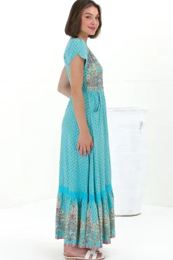 Carmen Maxi Dress - Butterfly Cap Sleeve Button Down A Line Dress with Lace Trim in Atlantis Print><noscript><img width=