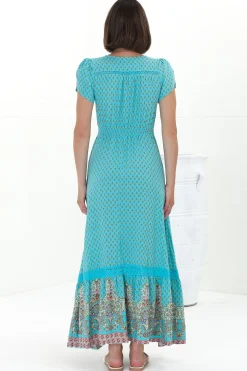 Carmen Maxi Dress - Butterfly Cap Sleeve Button Down A Line Dress with Lace Trim in Atlantis Print><noscript><img width=