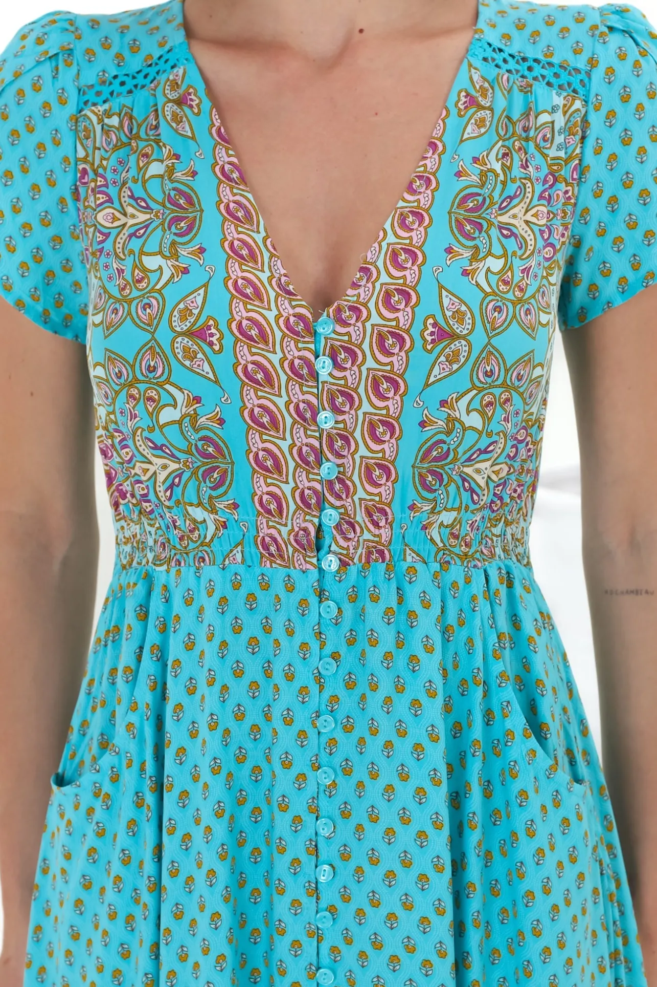 Carmen Maxi Dress - Butterfly Cap Sleeve Button Down A Line Dress with Lace Trim in Atlantis Print>Jaase New