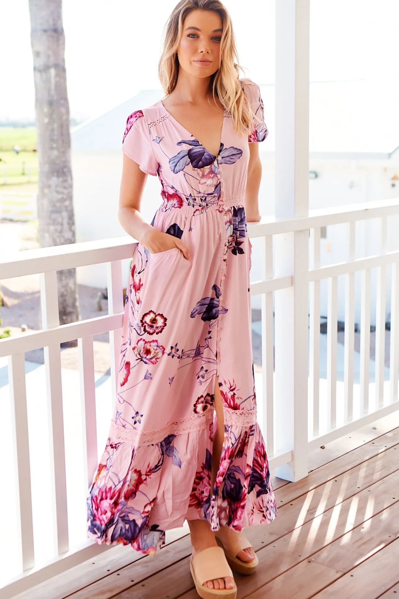 Carmen Maxi Dress - Butterfly Cap Sleeve Button Down A Line Dress with Lace Trim in Dahlia Print>Jaase Online