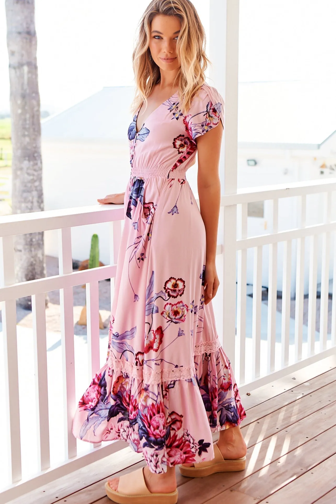 Carmen Maxi Dress - Butterfly Cap Sleeve Button Down A Line Dress with Lace Trim in Dahlia Print>Jaase Online