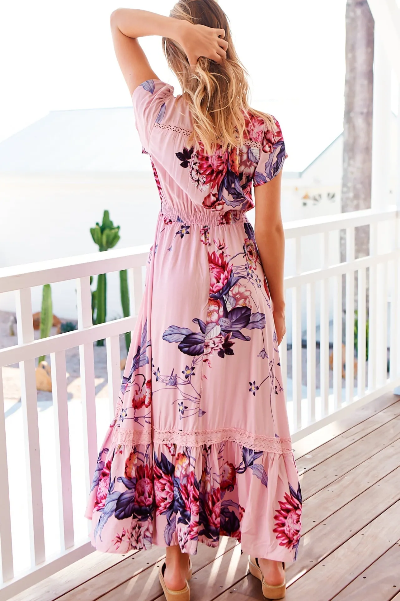 Carmen Maxi Dress - Butterfly Cap Sleeve Button Down A Line Dress with Lace Trim in Dahlia Print>Jaase Online