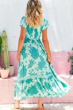 Carmen Maxi Dress - Butterfly Cap Sleeve Button Down A Line Dress with Lace Trim in Capri Sea Print><noscript><img width=