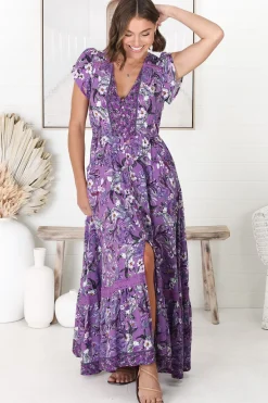 Carmen Maxi Dress - Butterfly Cap Sleeve Button Down A Line Dress with Lace Trim in Rhodium Print>Jaase Best