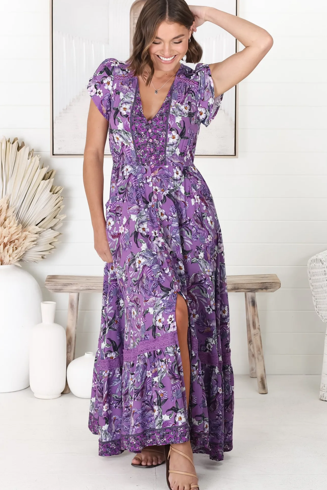 Carmen Maxi Dress - Butterfly Cap Sleeve Button Down A Line Dress with Lace Trim in Rhodium Print>Jaase Best
