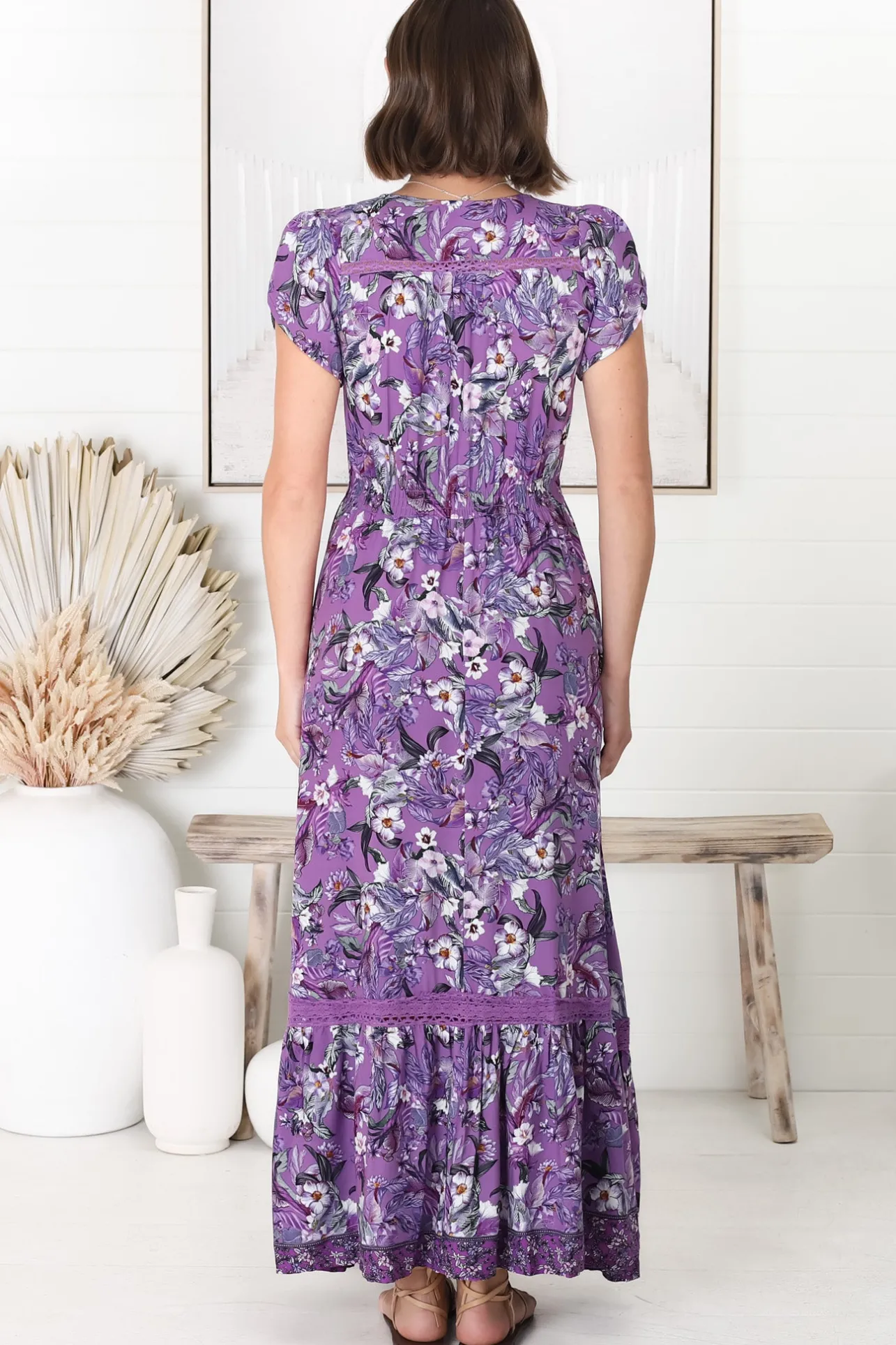 Carmen Maxi Dress - Butterfly Cap Sleeve Button Down A Line Dress with Lace Trim in Rhodium Print>Jaase Best