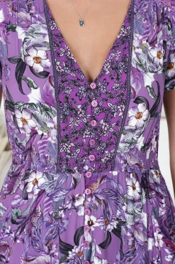 Carmen Maxi Dress - Butterfly Cap Sleeve Button Down A Line Dress with Lace Trim in Rhodium Print><noscript><img width=