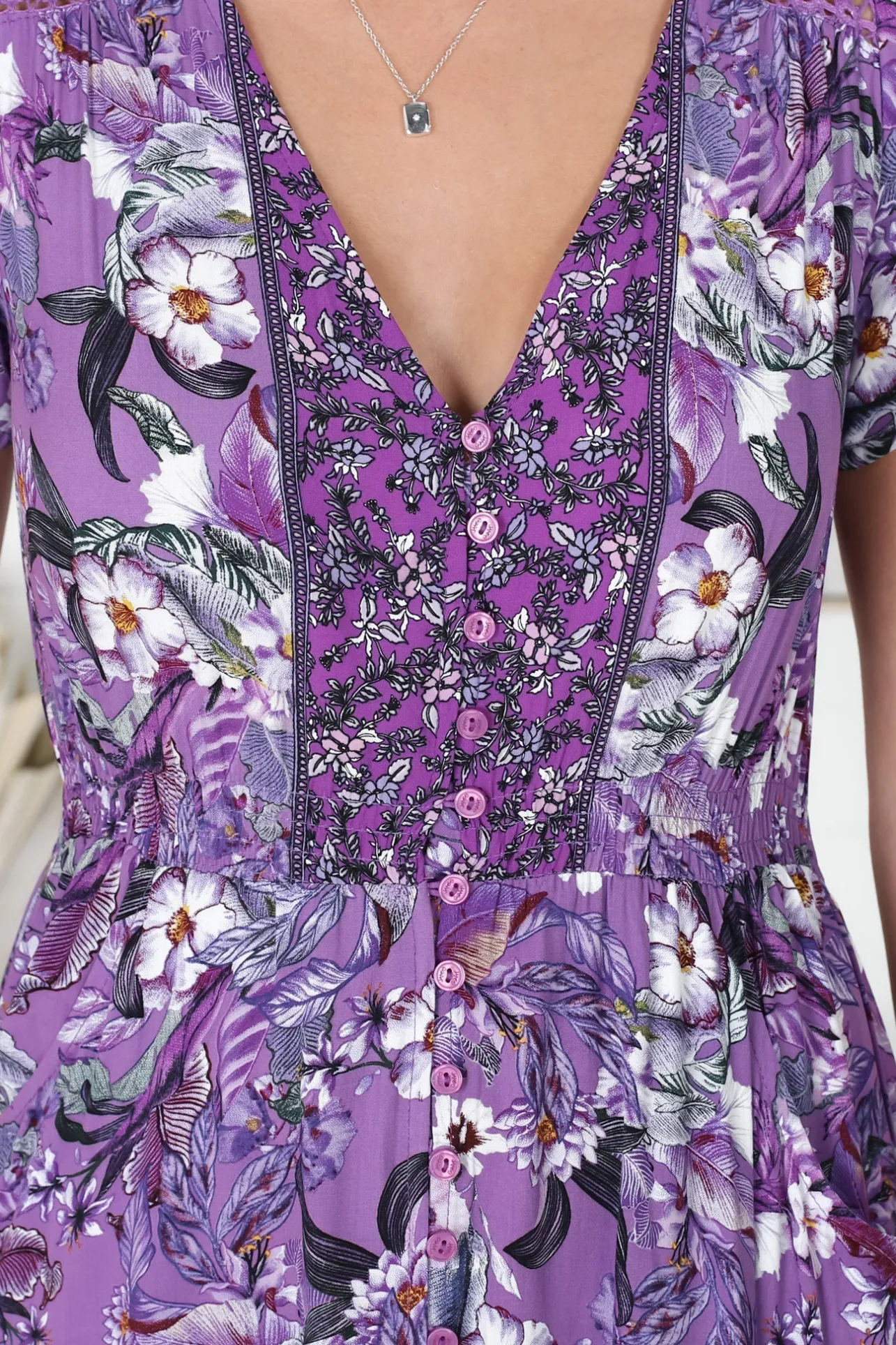 Carmen Maxi Dress - Butterfly Cap Sleeve Button Down A Line Dress with Lace Trim in Rhodium Print>Jaase Best