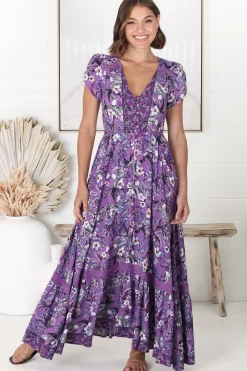 Carmen Maxi Dress - Butterfly Cap Sleeve Button Down A Line Dress with Lace Trim in Rhodium Print><noscript><img width=