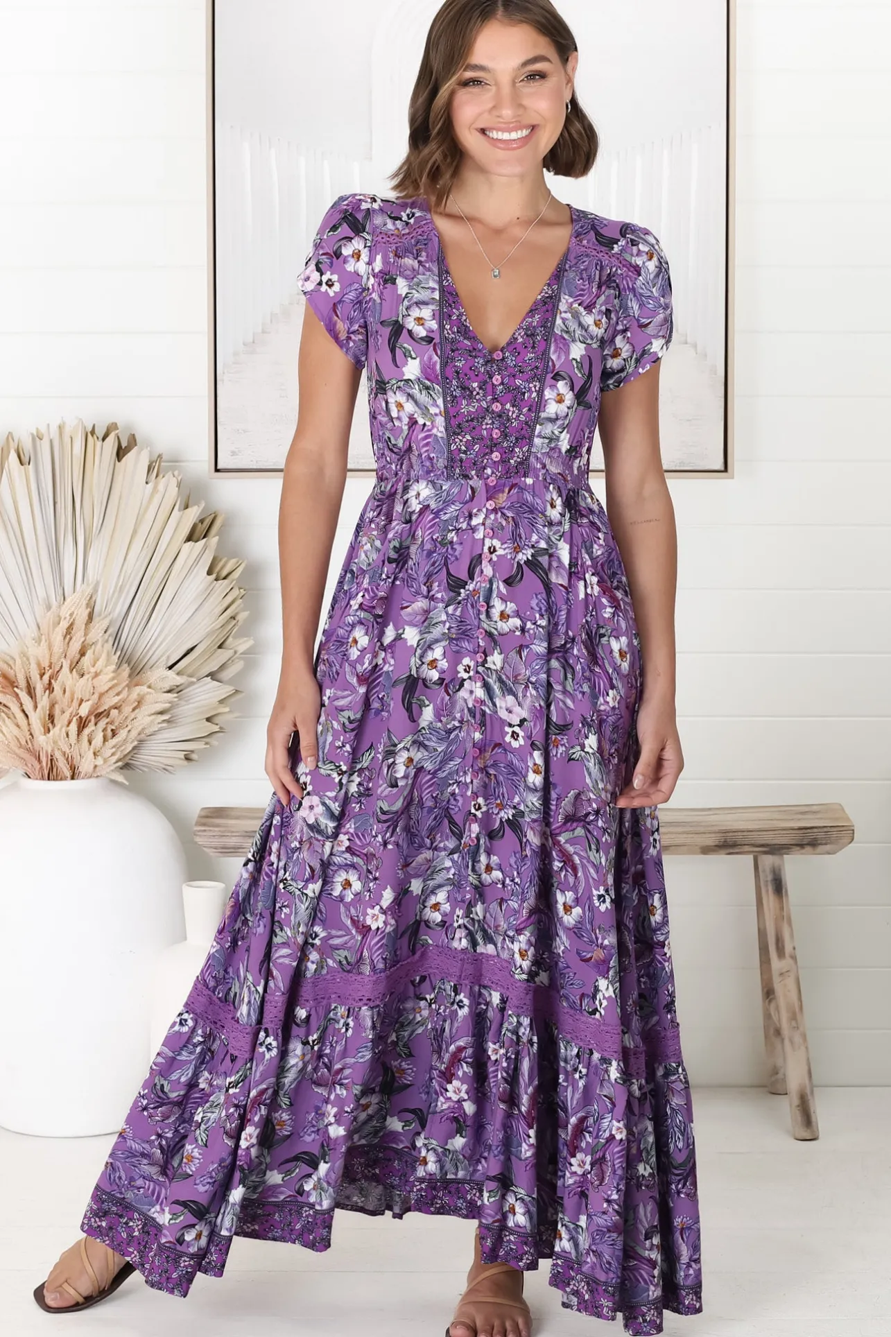 Carmen Maxi Dress - Butterfly Cap Sleeve Button Down A Line Dress with Lace Trim in Rhodium Print>Jaase Best