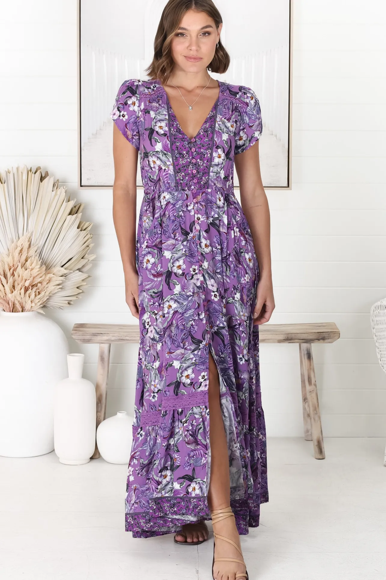 Carmen Maxi Dress - Butterfly Cap Sleeve Button Down A Line Dress with Lace Trim in Rhodium Print>Jaase Best