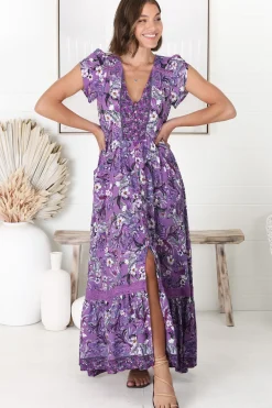 Carmen Maxi Dress - Butterfly Cap Sleeve Button Down A Line Dress with Lace Trim in Rhodium Print><noscript><img width=