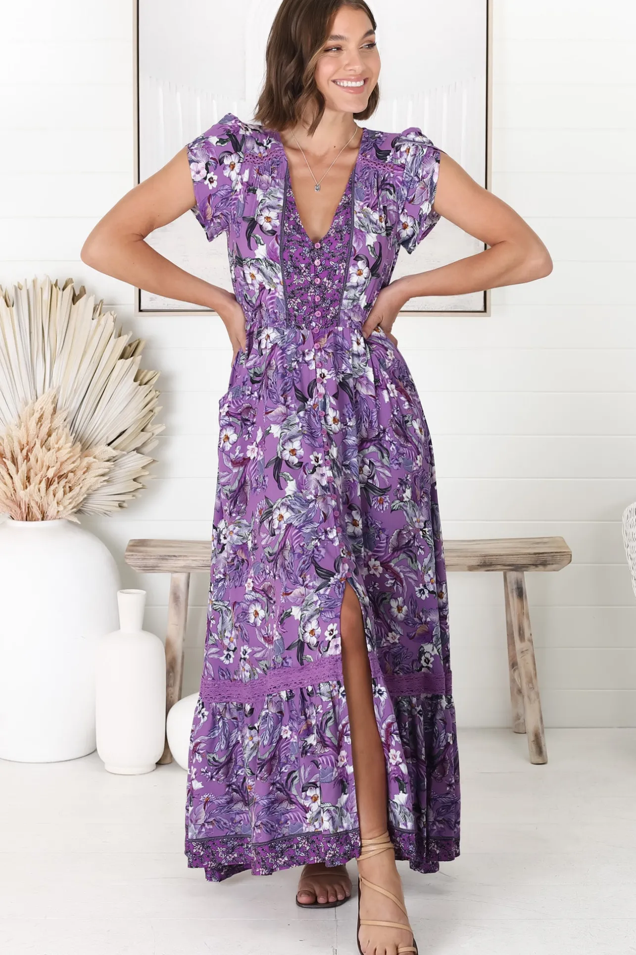Carmen Maxi Dress - Butterfly Cap Sleeve Button Down A Line Dress with Lace Trim in Rhodium Print>Jaase Best