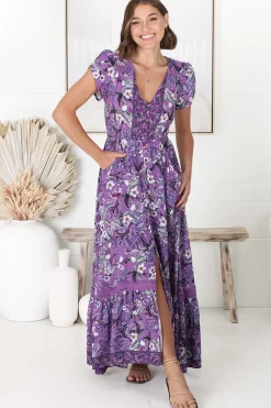 Carmen Maxi Dress - Butterfly Cap Sleeve Button Down A Line Dress with Lace Trim in Rhodium Print><noscript><img width=