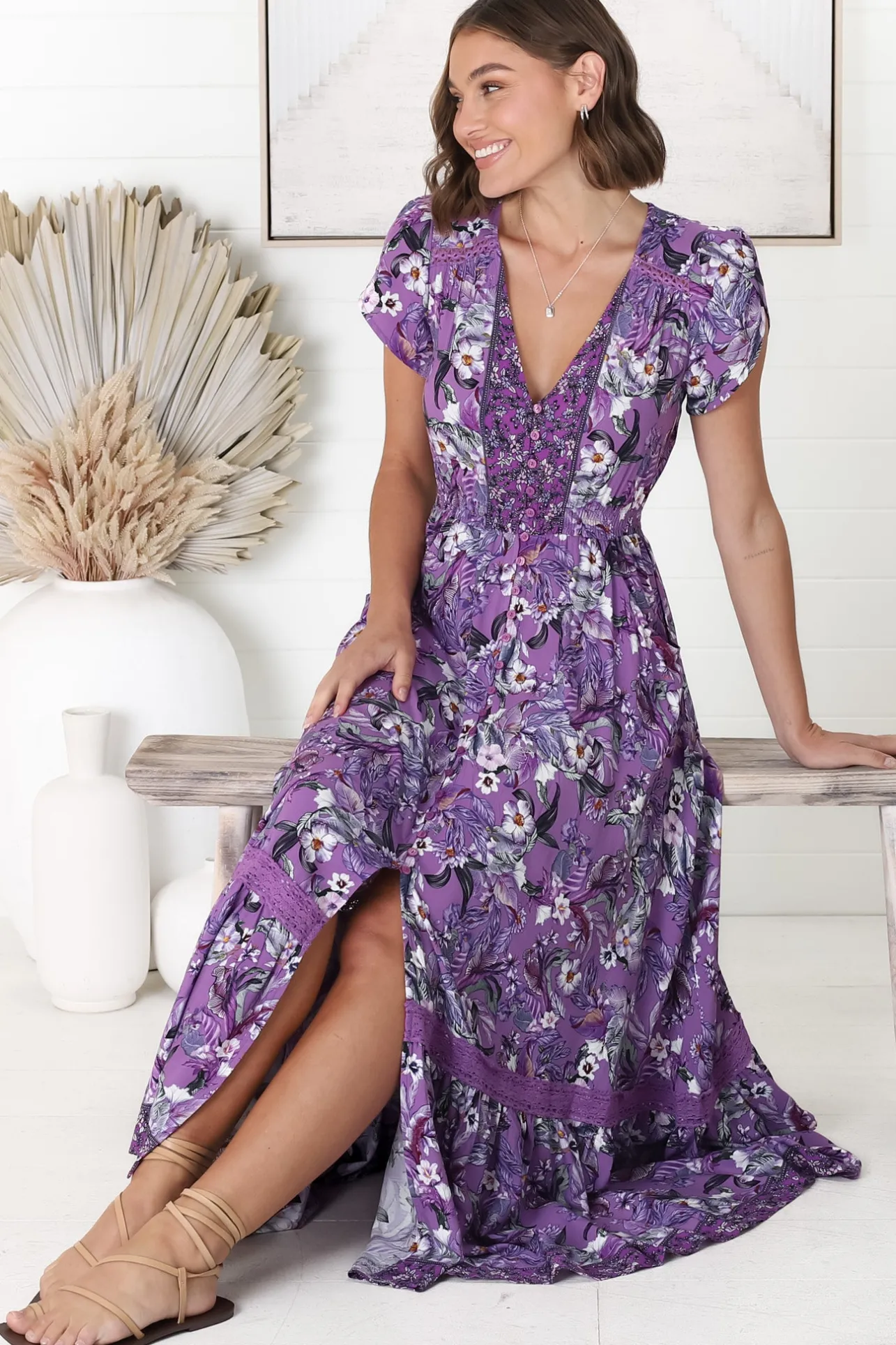 Carmen Maxi Dress - Butterfly Cap Sleeve Button Down A Line Dress with Lace Trim in Rhodium Print>Jaase Best