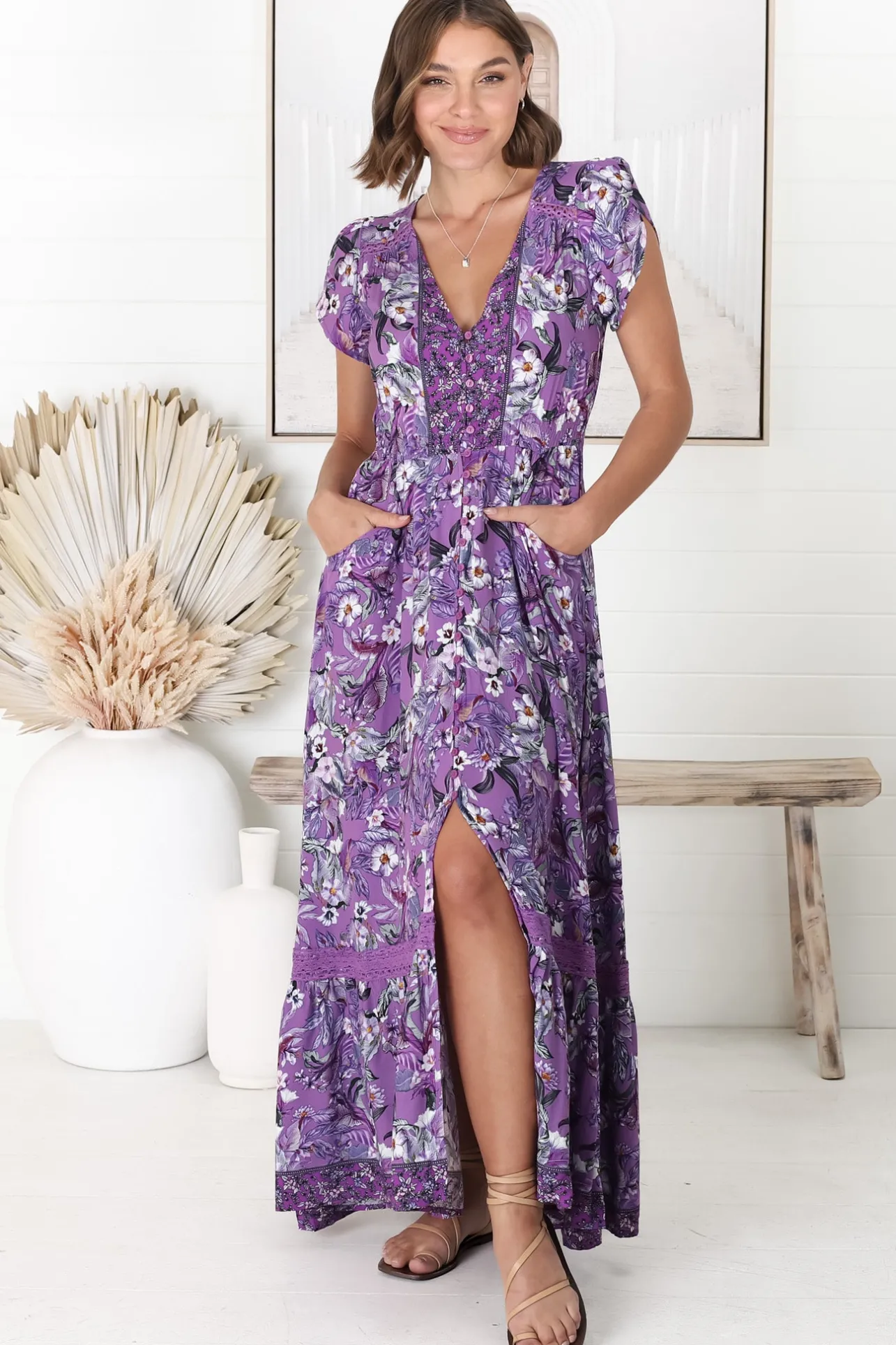 Carmen Maxi Dress - Butterfly Cap Sleeve Button Down A Line Dress with Lace Trim in Rhodium Print>Jaase Best