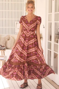 Carmen Maxi Dress - Butterfly Cap Sleeve Button Down A Line Dress with Lace Trim in Savanna Print>Jaase New
