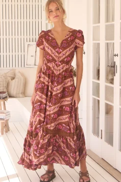 Carmen Maxi Dress - Butterfly Cap Sleeve Button Down A Line Dress with Lace Trim in Savanna Print><noscript><img width=