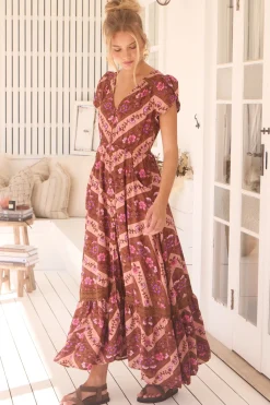 Carmen Maxi Dress - Butterfly Cap Sleeve Button Down A Line Dress with Lace Trim in Savanna Print><noscript><img width=