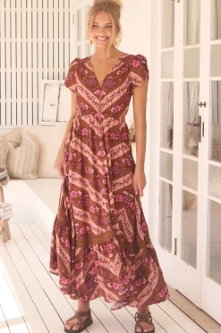 Carmen Maxi Dress - Butterfly Cap Sleeve Button Down A Line Dress with Lace Trim in Savanna Print><noscript><img width=