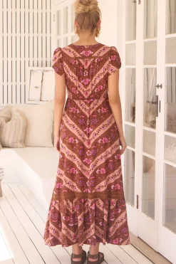 Carmen Maxi Dress - Butterfly Cap Sleeve Button Down A Line Dress with Lace Trim in Savanna Print><noscript><img width=