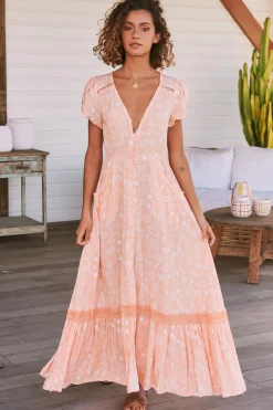 Carmen Maxi Dress - Butterfly Cap Sleeve Button Down A Line Dress with Lace Trim in Peach Island Print>Jaase Best