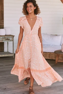 Carmen Maxi Dress - Butterfly Cap Sleeve Button Down A Line Dress with Lace Trim in Peach Island Print>Jaase Best