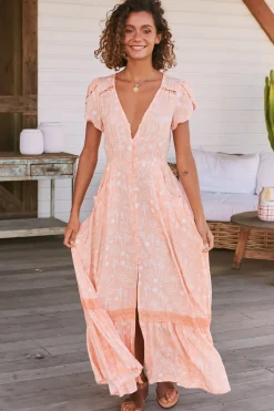 Carmen Maxi Dress - Butterfly Cap Sleeve Button Down A Line Dress with Lace Trim in Peach Island Print><noscript><img width=