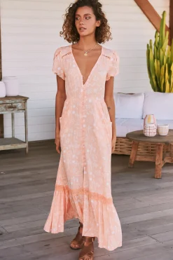 Carmen Maxi Dress - Butterfly Cap Sleeve Button Down A Line Dress with Lace Trim in Peach Island Print><noscript><img width=