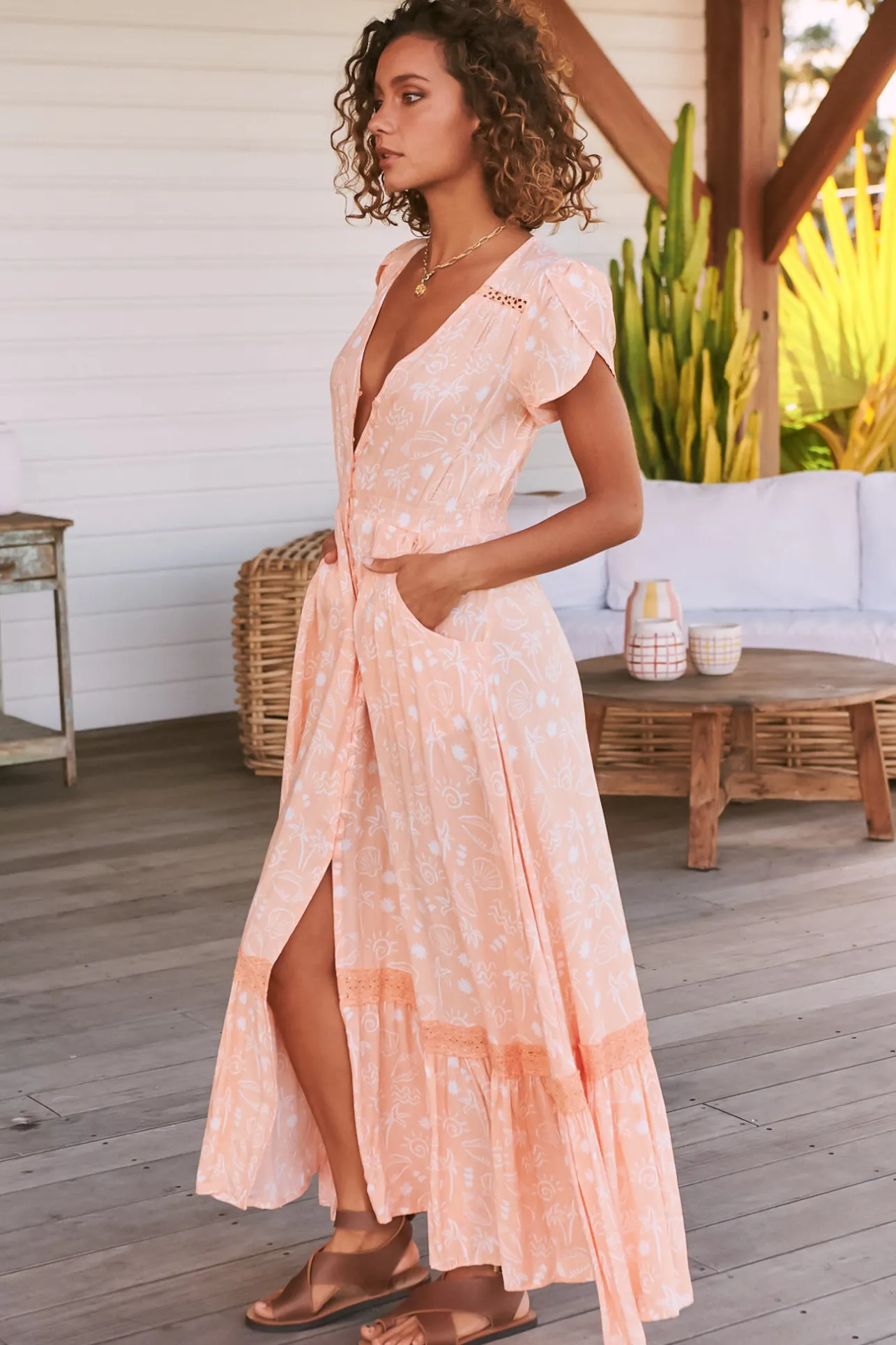 Carmen Maxi Dress - Butterfly Cap Sleeve Button Down A Line Dress with Lace Trim in Peach Island Print>Jaase Best