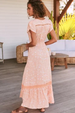 Carmen Maxi Dress - Butterfly Cap Sleeve Button Down A Line Dress with Lace Trim in Peach Island Print><noscript><img width=