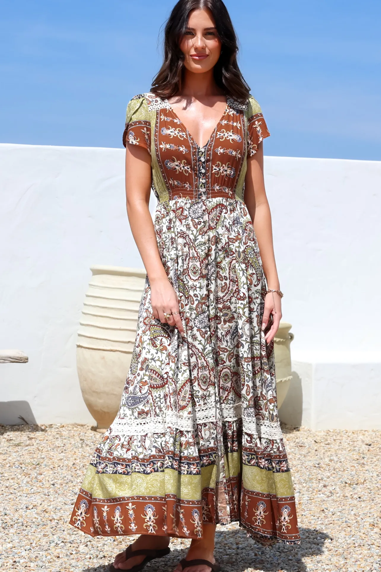 Carmen Maxi Dress - Butterfly Cap Sleeve Button Down A Line Dress with Lace Trim in Oakie Print>Jaase Discount