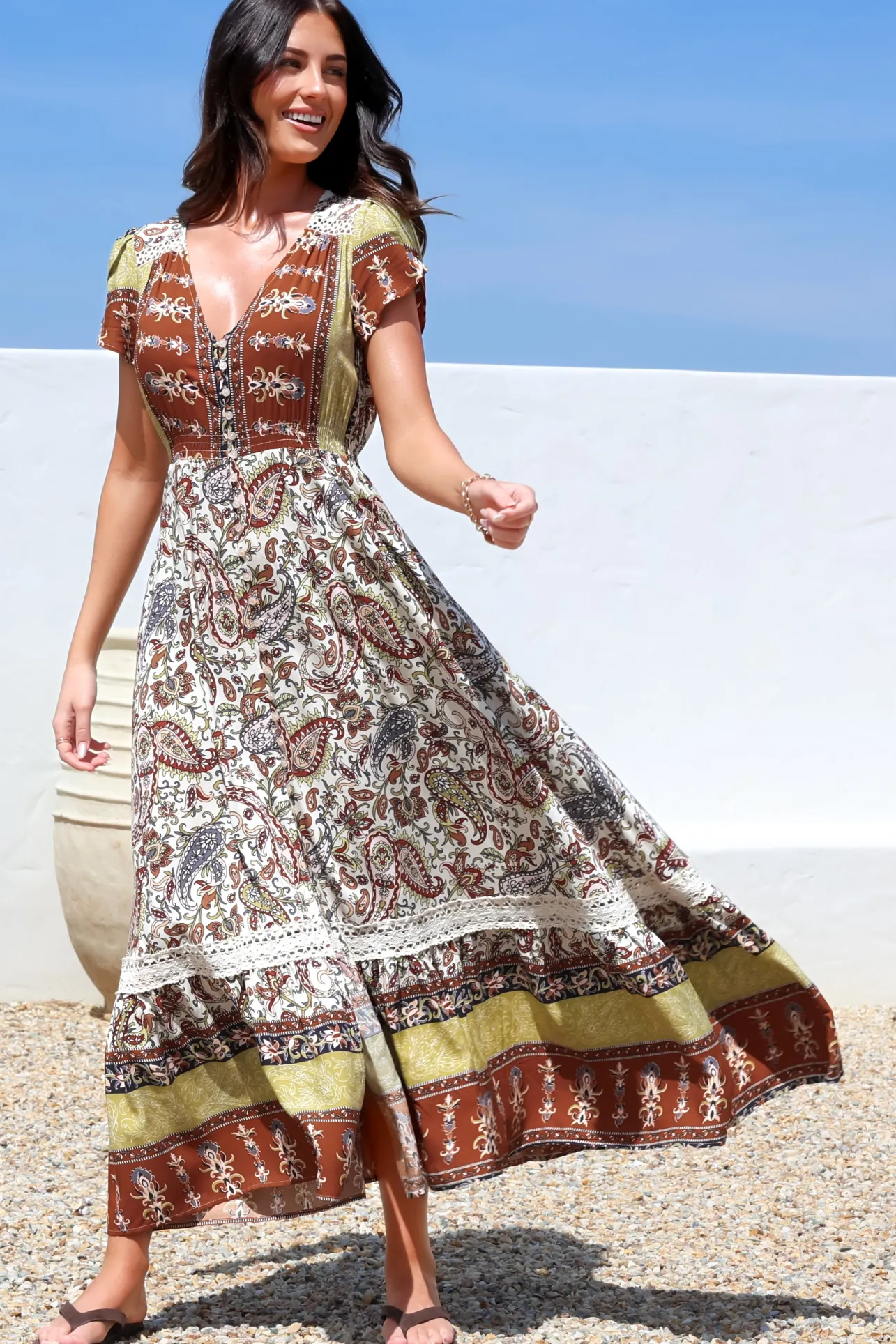 Carmen Maxi Dress - Butterfly Cap Sleeve Button Down A Line Dress with Lace Trim in Oakie Print>Jaase Discount