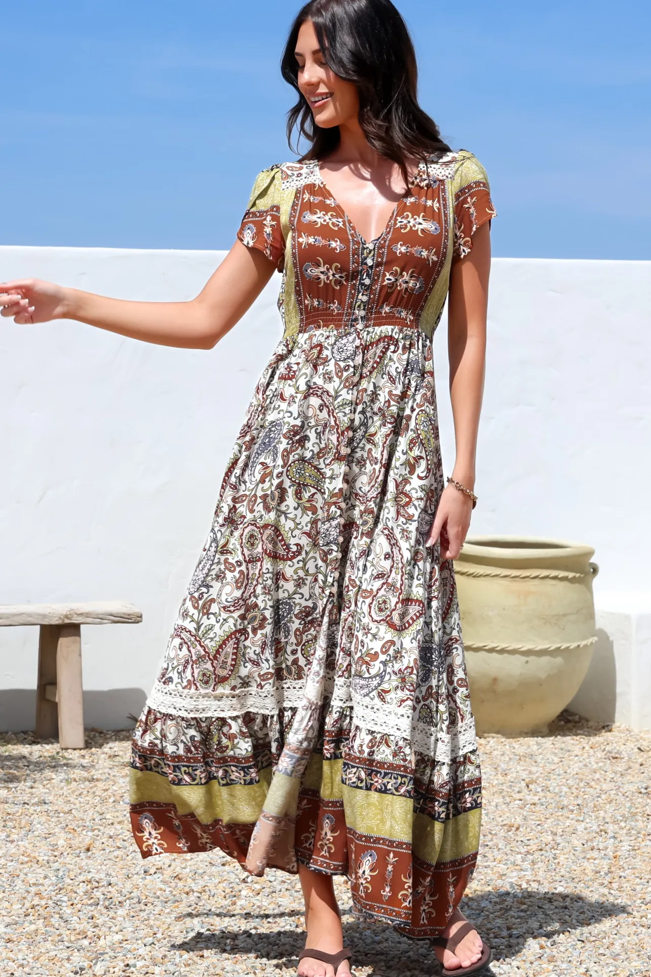 Carmen Maxi Dress - Butterfly Cap Sleeve Button Down A Line Dress with Lace Trim in Oakie Print>Jaase Discount