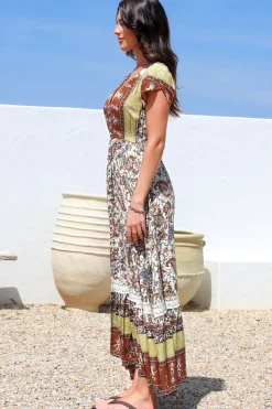 Carmen Maxi Dress - Butterfly Cap Sleeve Button Down A Line Dress with Lace Trim in Oakie Print><noscript><img width=