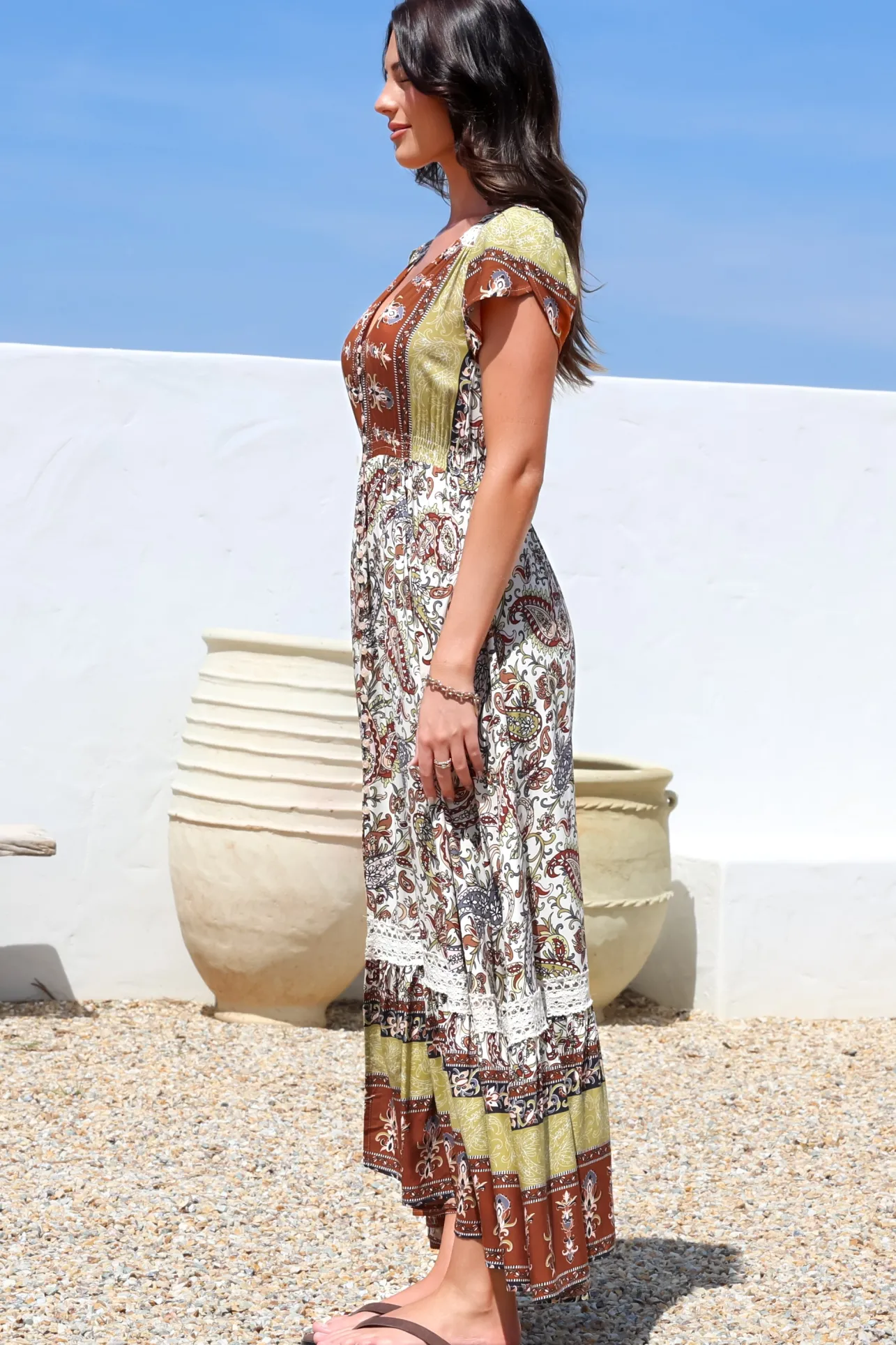 Carmen Maxi Dress - Butterfly Cap Sleeve Button Down A Line Dress with Lace Trim in Oakie Print>Jaase Discount