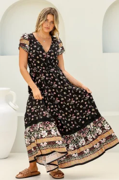Carmen Maxi Dress - Butterfly Cap Sleeve Button Down A Line Dress with Lace Trim in Eternity Print>Jaase Discount
