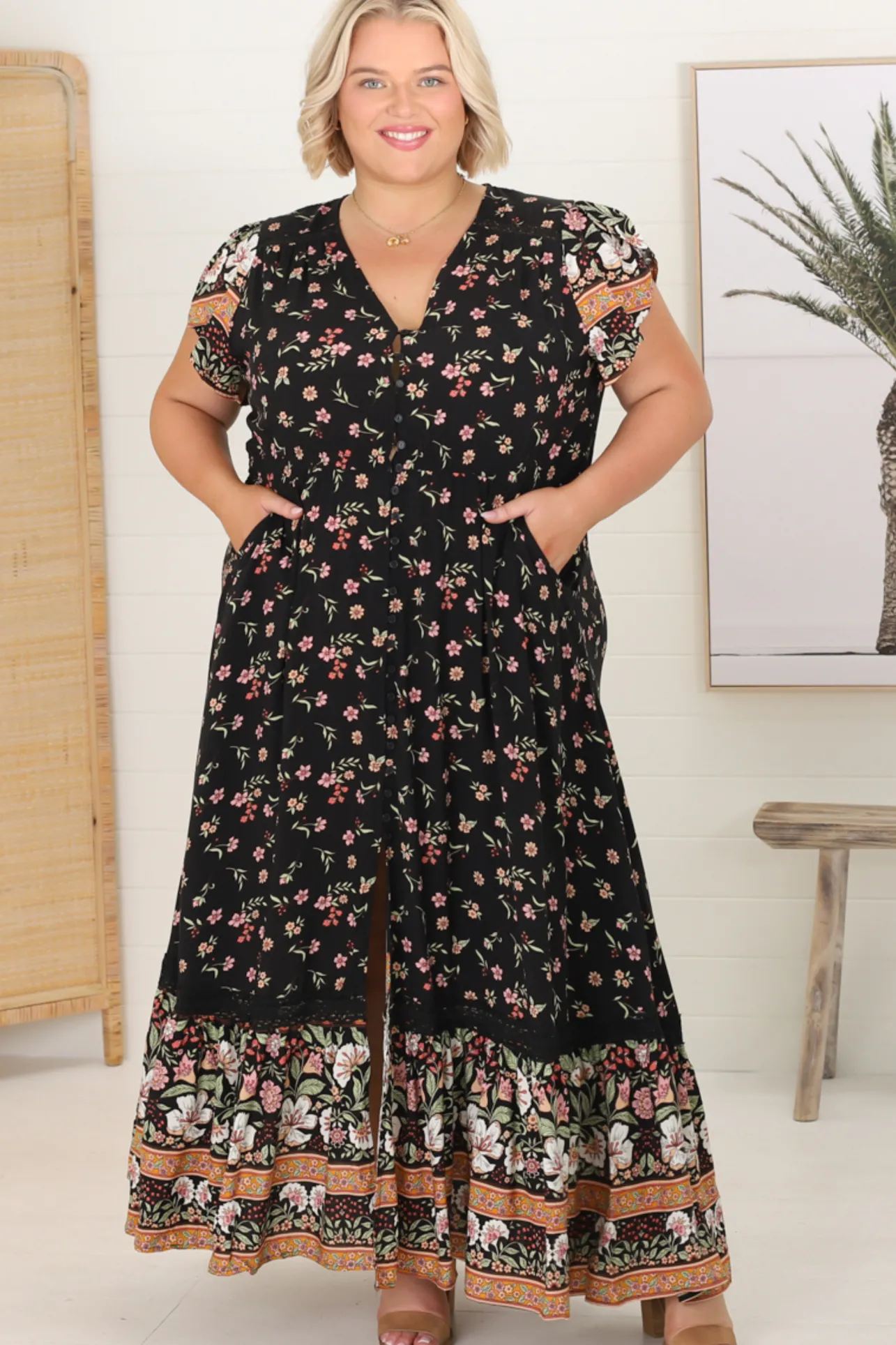 Carmen Maxi Dress - Butterfly Cap Sleeve Button Down A Line Dress with Lace Trim in Eternity Print>Jaase Discount