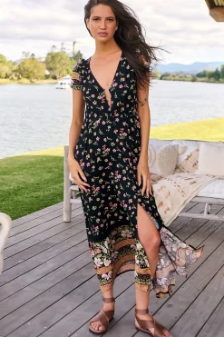 Carmen Maxi Dress - Butterfly Cap Sleeve Button Down A Line Dress with Lace Trim in Eternity Print><noscript><img width=