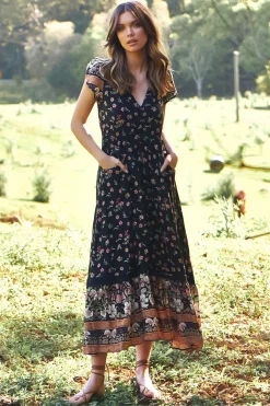 Carmen Maxi Dress - Butterfly Cap Sleeve Button Down A Line Dress with Lace Trim in Eternity Print><noscript><img width=