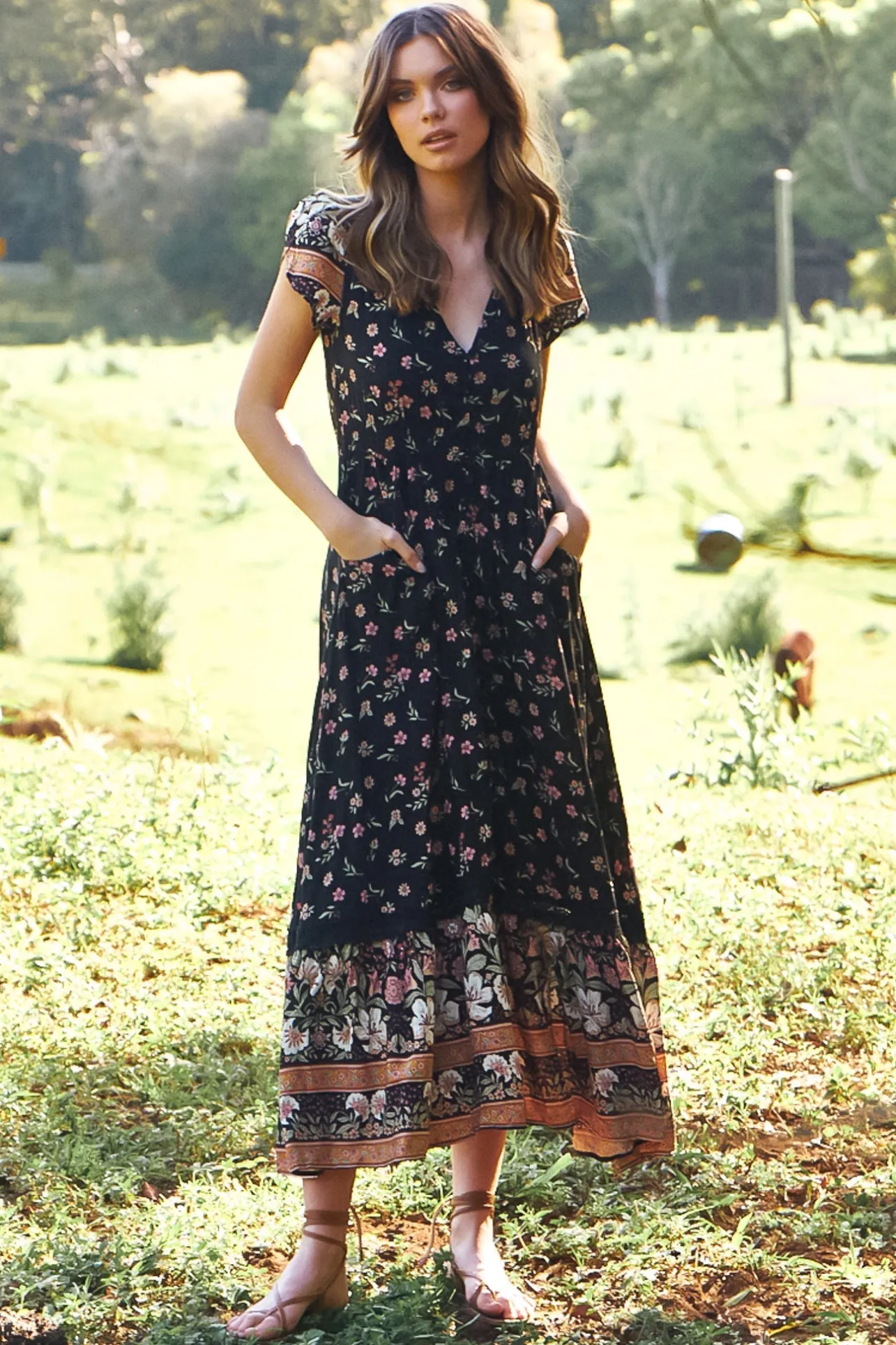 Carmen Maxi Dress - Butterfly Cap Sleeve Button Down A Line Dress with Lace Trim in Eternity Print>Jaase Discount