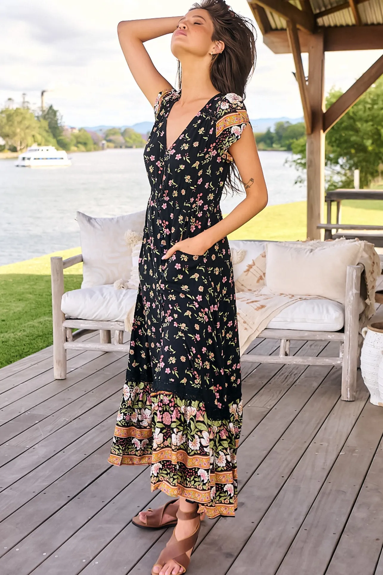 Carmen Maxi Dress - Butterfly Cap Sleeve Button Down A Line Dress with Lace Trim in Eternity Print>Jaase Discount